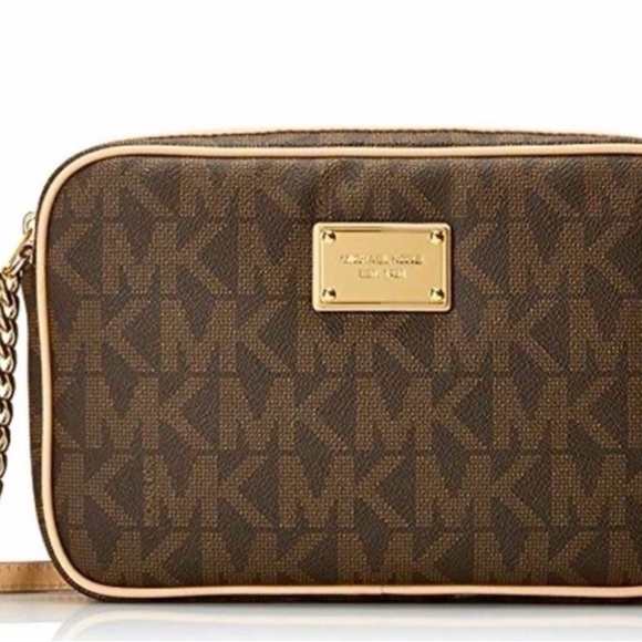 Michael Kors Jet Set Signature PVC Crossbody – Brown Logo w/ Gold Chain - Picture 2 of 7